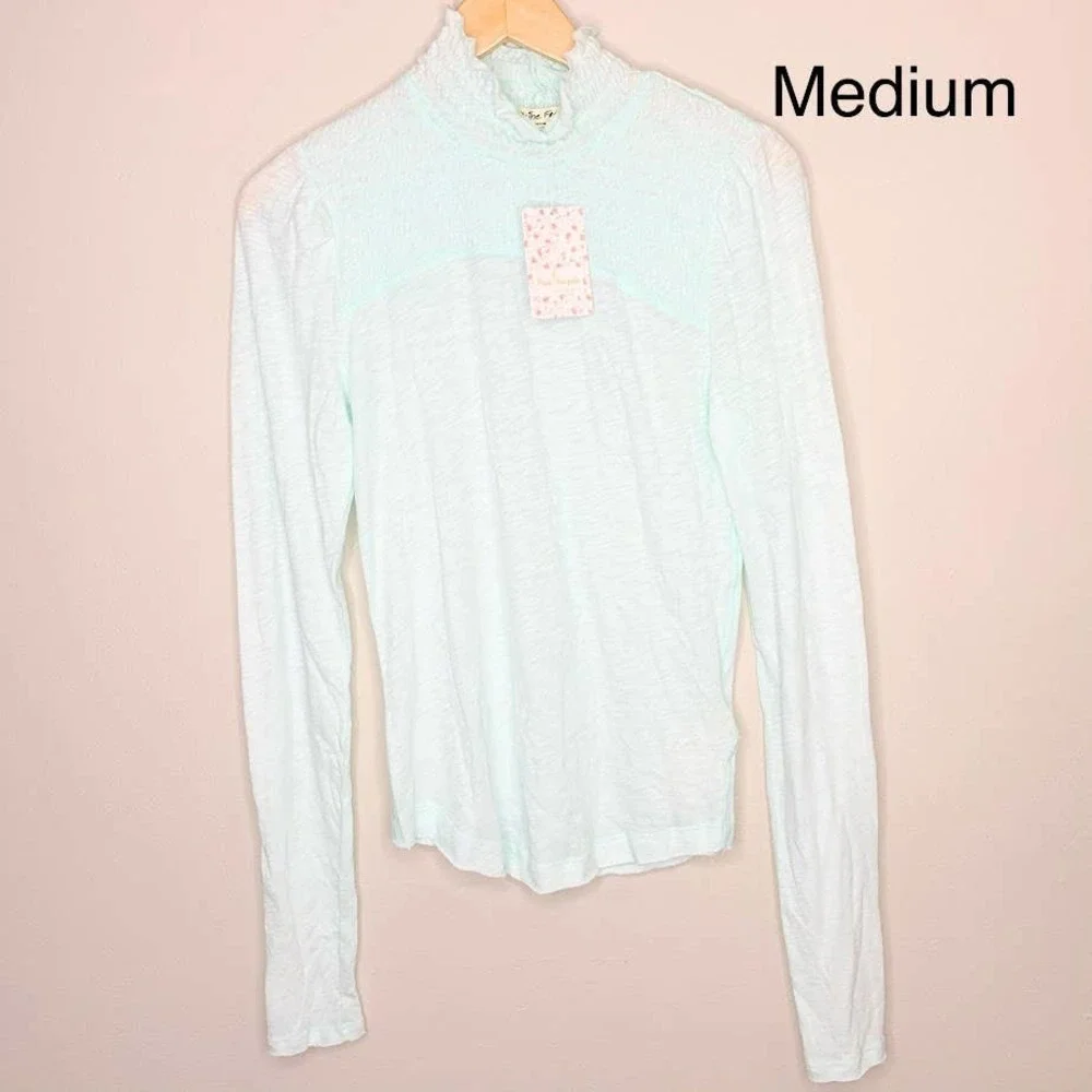 Free People Caroline Smock Turtleneck Iced Aqua Long Sleeves Top - Picture 2 of 4